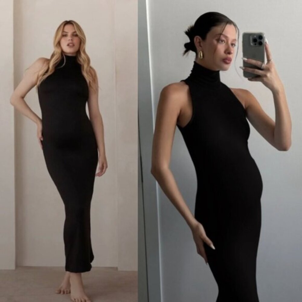 High Neck Maternity Black Maxi Dress